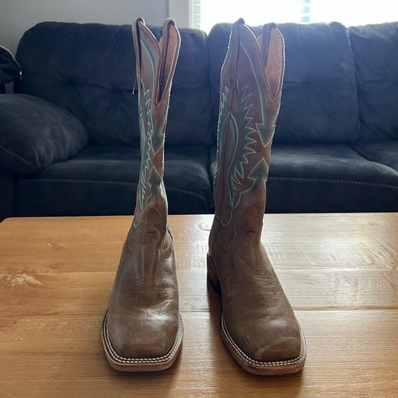 Macie Bean Women’s Cowboy Boots 7M Brown Turquoise Stitch Square Toe Western - Picture 4 of 9